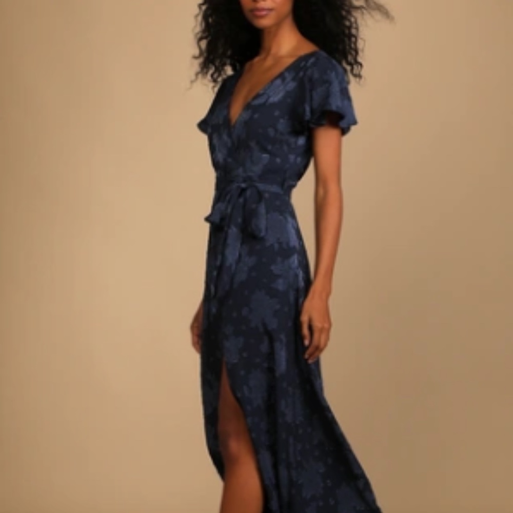 Lulus - Compelling Love Navy Blue Jacquard Short Sleeve Maxi Dress, Size XL
